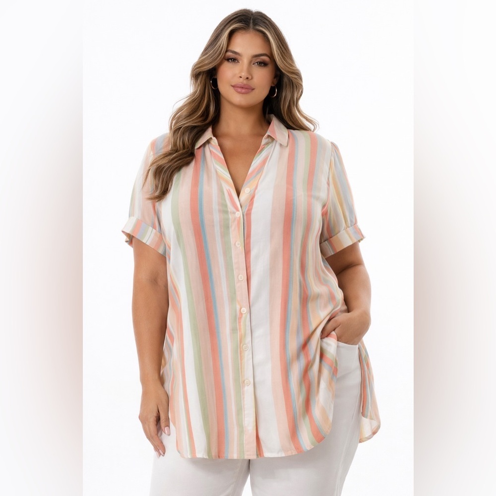 EVRI Multicolor Stripe Button Front Blouse Tunic Coastal Resort Boho Plus 1X